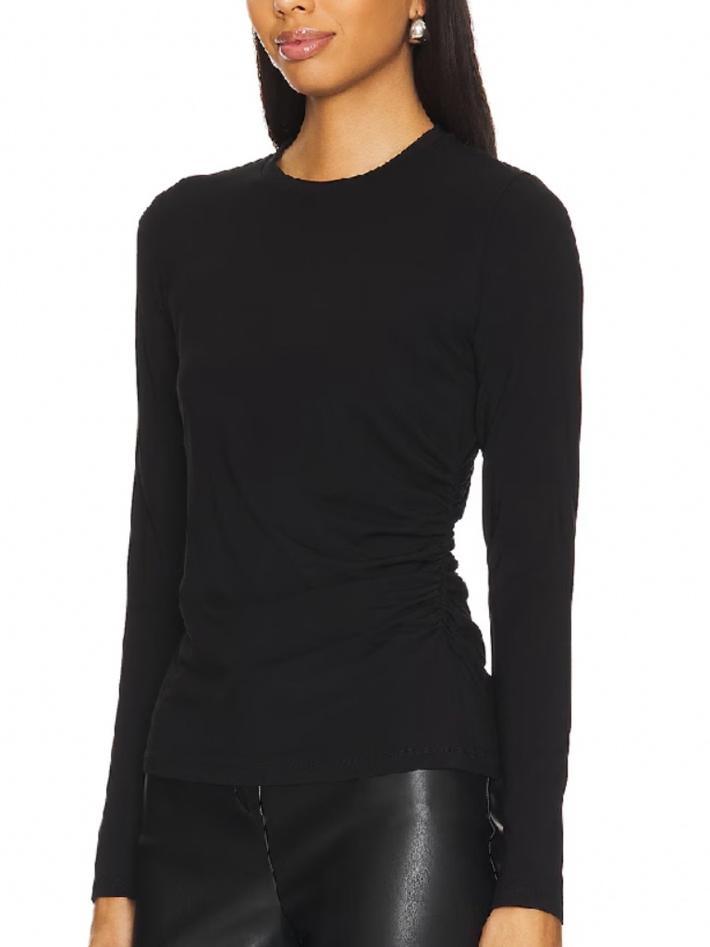 Vince women size XL long sleeve crewneck top black side drape ruched stretch